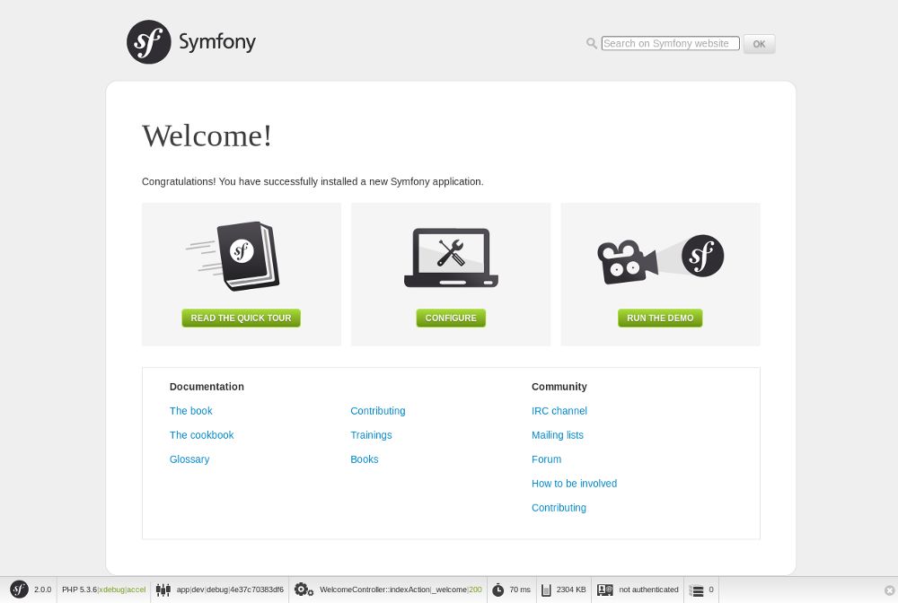 Symfony2 pagina di benvenuto